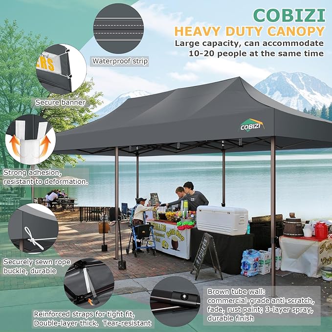 COBIZI 10x20 Pop Up Heavy Duty Canopy with 6 Sidewalls and Hexagonal Legs, Easy up Tent for Parties, Commercial and Wedding, Outdoor Canopy with Roller Bag, Sand Bags, Waterproof & UPF50+ (Gray)