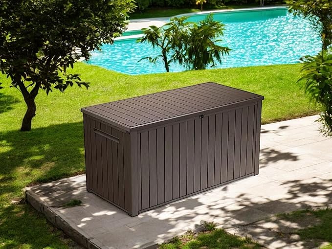Stylish Indoor/Outdoor Storage Deck Box,Resin,Large Capacity, Weather-Resistant, Lockable lid and Side handles. (Brown, 170 Gallon)