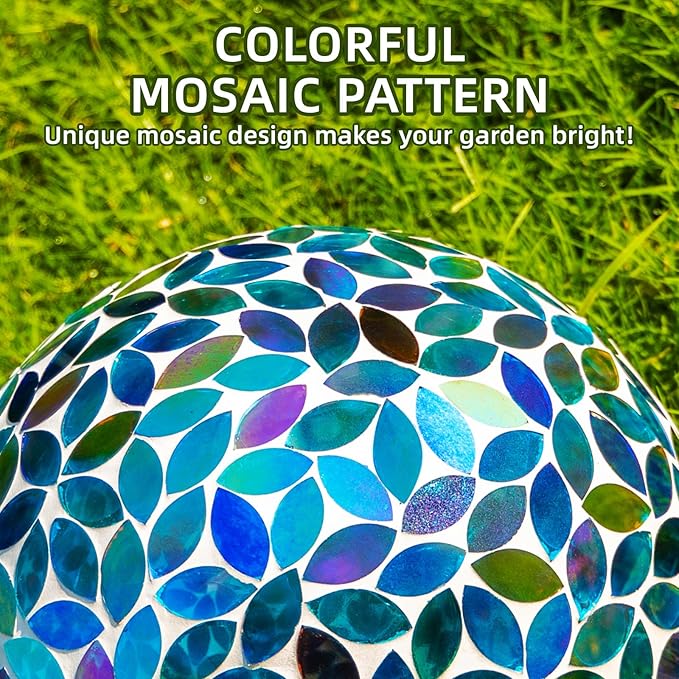 VOREEN 10-Inch Gazing Ball Glass Mosaic Gazing Globe, Handmade Outdoor Reflective Ball Yard Decoration for Homes, Patio, Lawn and Gardens, Gift for Mom Wife Friend, Blue and Amber