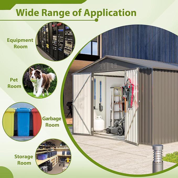 10X8 FT Outdoor Storage Shed, All Weather Metal Sheds with Lockable Doors, Tool Shed for Garden, Patio, Backyard, Lawn, Black