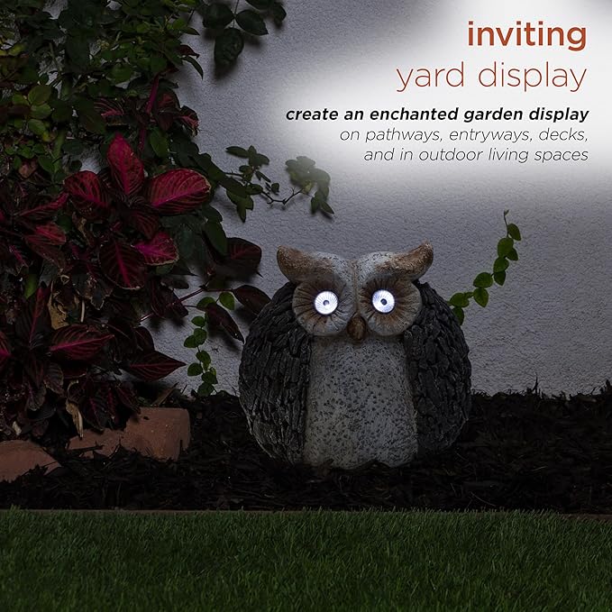 Alpine Corporation 13" Tall Outdoor Solar Powered Owl Yard Statue with LED Lights
