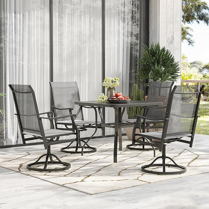 Patio Swivel Chairs Set of 8, Outdoor Dining Chairs with Textilene, Swivel & Rocker Metal Outdoor Patio Dining Chair All-Weather for Backyard, Grey Fabric with Black Frame