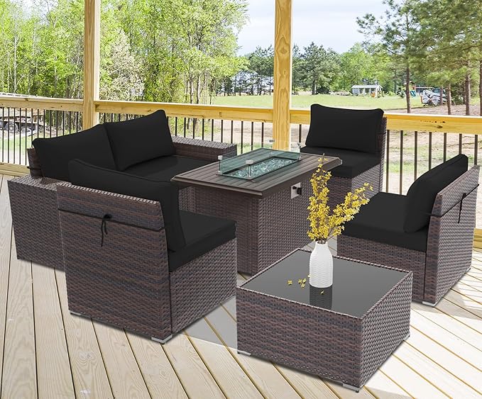 Outdoor Patio Furniture Set with Propane Fire Pit Table, 7 Pieces Outdoor Furniture Patio Sectional Sofa Conversation Sets w/ETL Approved 43" Gas Outdoor Fire Table & Coffee Table (Black)