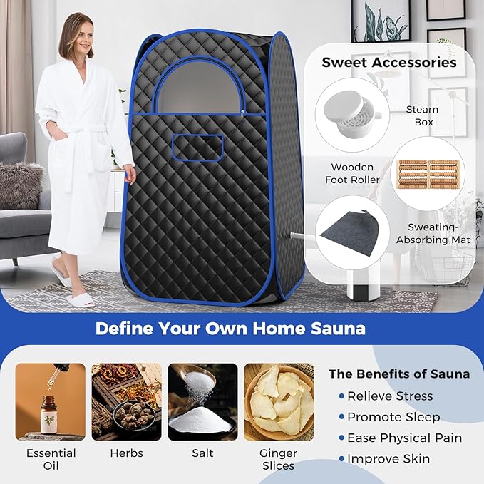 Giantex Portable Sauna, Full Body Steam Sauna w/ 3L Steam Box, Remote Control, Wood Foot Roller & Foldable Chair, Pop-Up Sauna Box for Single Person, Lightweight Personal Sauna Tent for Home (Black)