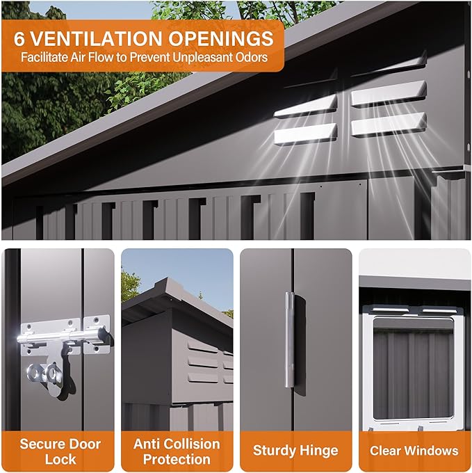 4x9 FT Outdoor Storage Shed,Metal Shed W/Window,Garden Storage Shed W/ 6 Air Vents & 2 Swing Doors,Weatherproof Tool House W/Sloped Roof,for Backyard Patio Lawn,Gray