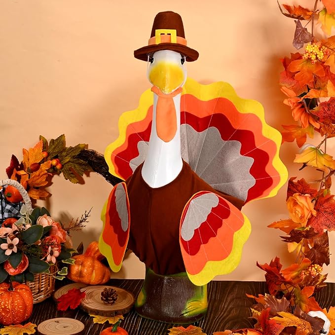 Thanksgiving Turkey Porch Goose Outfits Fall Lawn Goose Clothes, Fits 23" Cement Plastic Goose Statue for Autumn Outdoor Garden Yard Patio Statue Art Decoration