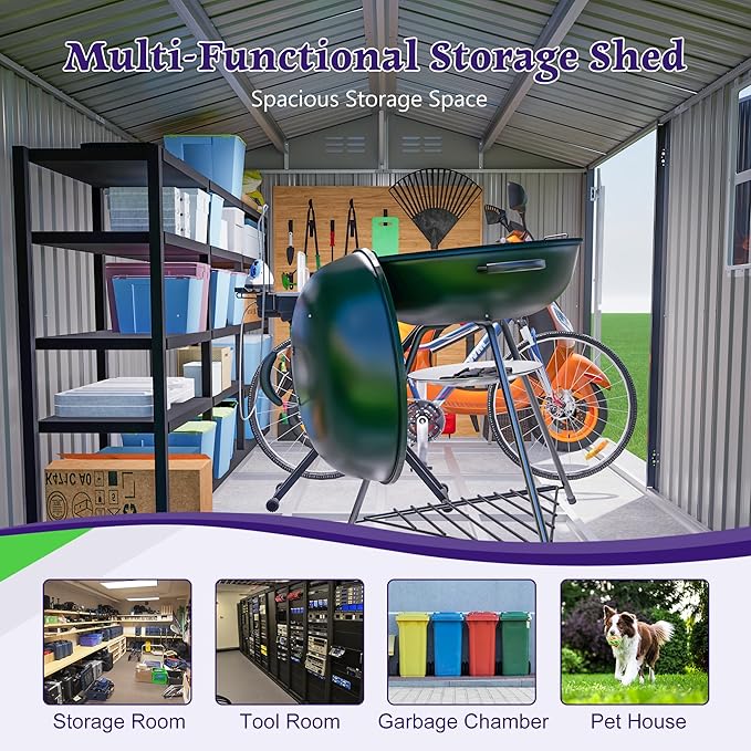 10X8FT Outdoor Steel Storage Shed with Clear Window, Lockable Doors, Weather-Resistant Metal Tool Shed for Garden, Backyard, Patio, and Utility Storage,Gray