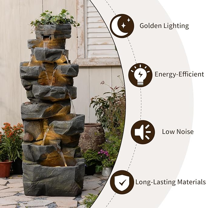 58“H Outdoor Garden Water Fountain 6 Tiers Large Cascading Rock Natural Waterfall Outdoor Fountain with LED Lights for Patio Porch Backyard Home Art Decor