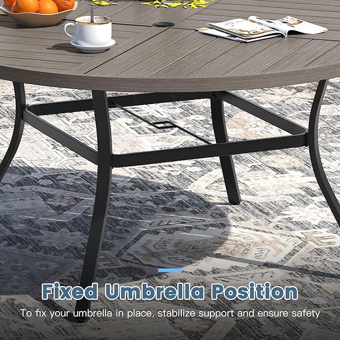 DIFY 59.8" Round Outdoor Patio Dining Table for 8-10, All-Weather Metal Steel Slatted Patio Table with 1.57" Adjustable Umbrella Hole, for Lawn Garden Porch Backyard, Grey Wood-Like