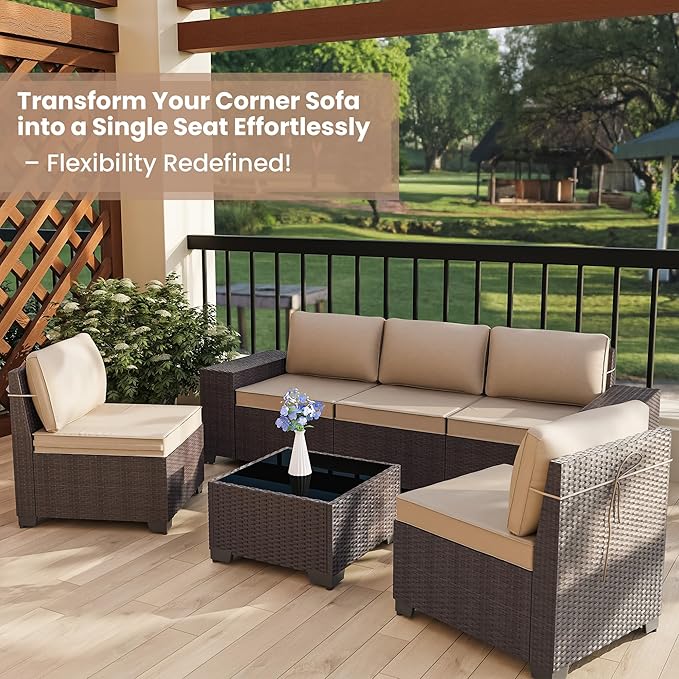 Outdoor Patio Furniture Set, 6 Pieces Outdoor Furniture All Weather Patio Sectional Sofa PE Wicker Modular Conversation Sets with Coffee Table,5 Chairs & Seat Clips Brown