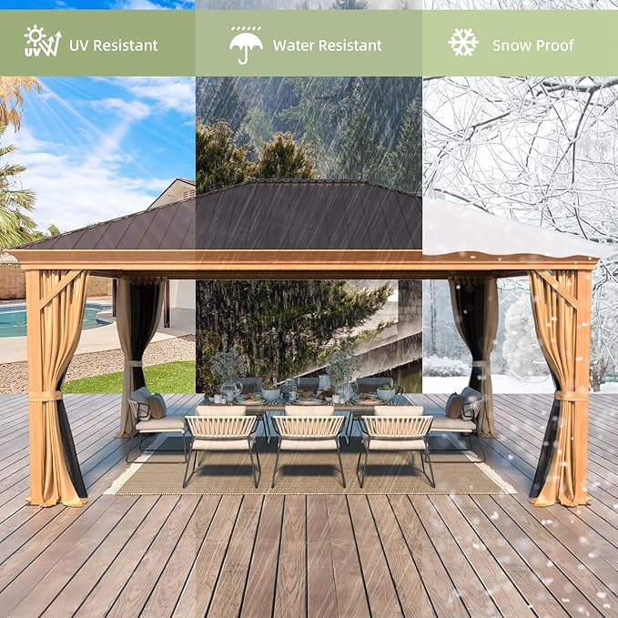 YOLENY 12' x 16' Hardtop Gazebo, Wood Looking Gazebo with Aluminum Frame and Single Galvanized Steel Roof, Outdoor Permanent Metal Pavilion with Curtains and Nettings for Deck, Backyard and Patio