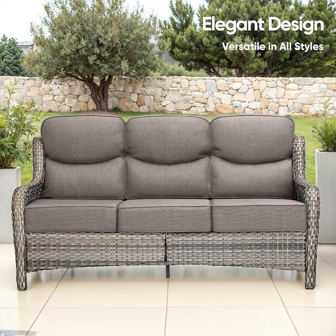 Swivel Patio Chairs sofa Set of 5 with 6" Thick Cushion - Wicker Outdoor Swivel Rocker Patio Chair ,Sofa/Glass coffee table, High Back Comfortable Outdoor Glider Chairs - Grey Wicker | Grey Cushions