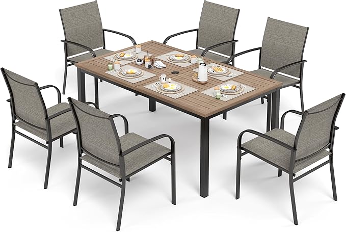 7 Piece Outdoor Dining Set for 6, Rectangular Wood-Like Metal Table with Umbrella Hole and 6 Dining Chairs, Outdoor Table and Chairs for Lawn Garden Backyard and Deck, Brown