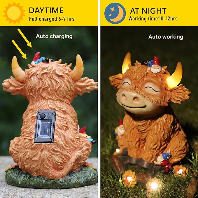 Solar Garden Statue Highland Cow Figurine with Funny Gnomes Garden Outdoor Decor for Yard Patio Lawn Christmas Housewarming Gifts for Women,Mom,Grandma (Yellow)