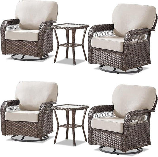 Patio Furniture Sets, 4 Pieces Wicker Outdoor Furniture with Patio Sidetables - 360 Degree Swivel Rocking Chairs and Rattan Side Table for Garden, Porch, Backyard, Beige/Brown Wicker
