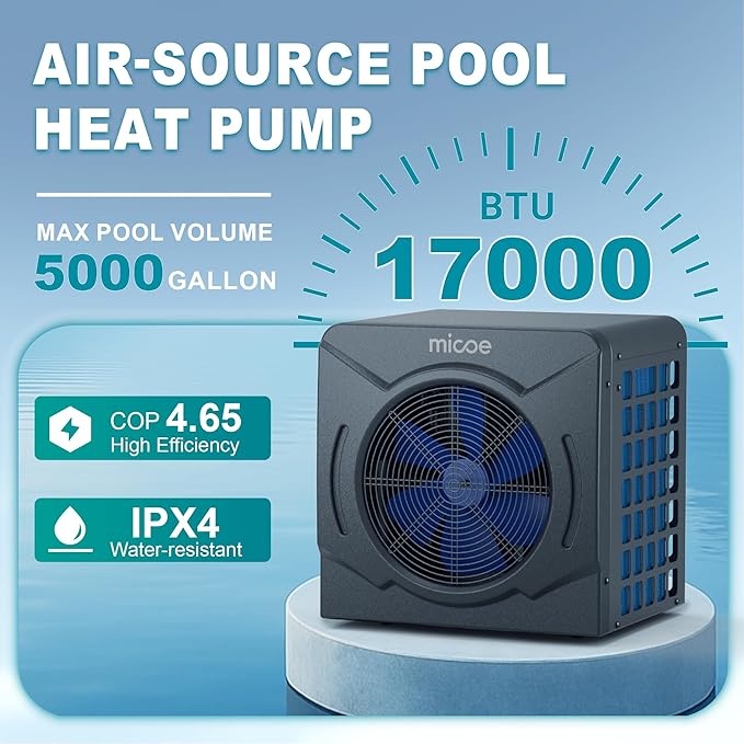 MICOE 17000 BTU Energy Efficient Electric Pool Heat Pump for Above Ground Pools Up to 15ft (8/11/15ft) & 5,000 Gallons, Swimming Pool Heater with Easy Install Kit,110V/120V (17000 BTU Pro)