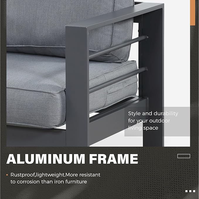 Solaste Aluminum Patio Furniture Set, 5 Seats Modern Outdoor Conversation Set Sectional Sofa with Upgrade Cushion and Coffee Table,Grey