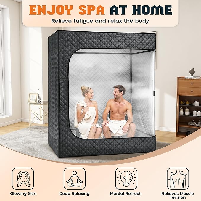 Albott 2 Person Steam Sauna for Home, Portable Sauna Tent with 3L 1500W Steamer, Extra Large Size 4.9’ x 3.3’ x 5.9’ Full Body Home Spa, Remote Control, Folding Chair, Grey