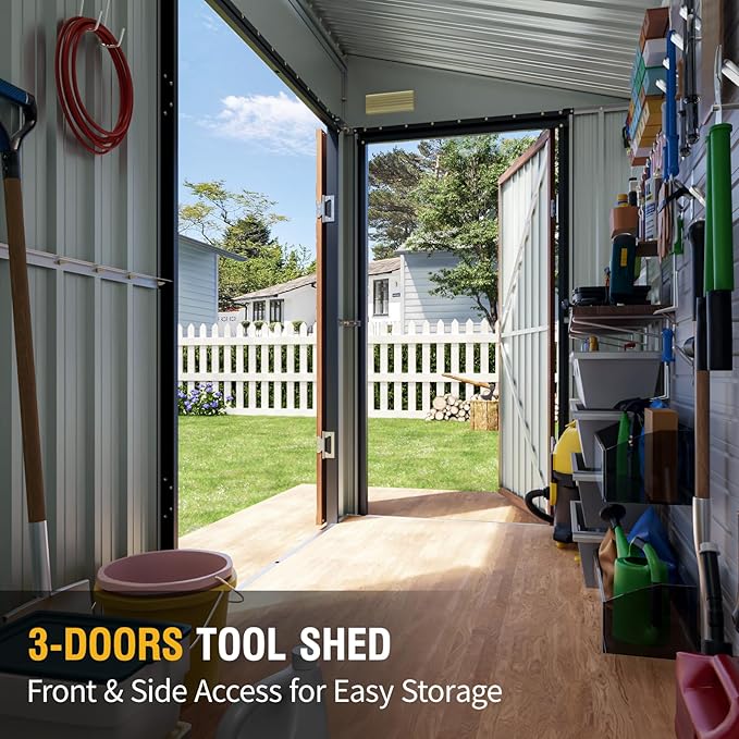 8x4 Ft Outdoor Storage Shed, Metal Garden Shed with Triple Lockable Doors & Vent, Multi-Used Shed for Backyard, Patio, Lawn and Tool & Bicycle Storage