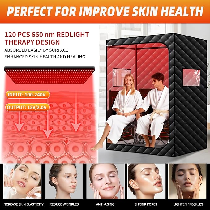 Portable Infrared Sauna with Red Light Therapy Lamp, 2 Person Steam Saunas Tent with 2 Large Folding Chairs, Remote Control, Dry Heated Indoor Home Spa for Gym/Pilates/Garage
