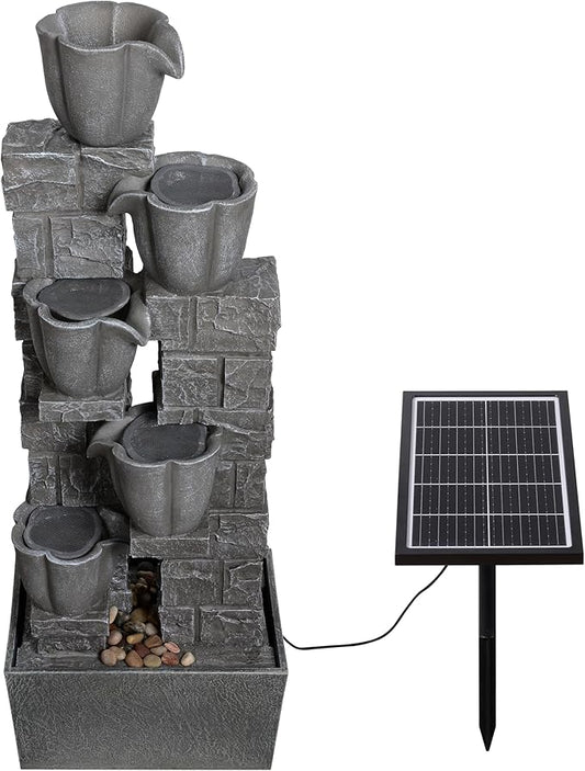 Solar Powered Water Fountain-36.2in.Tall Floor-Standing Outdoor Fountains with Tulip Design - Natural 4 Tiers Waterfall Water Feature for Outside Garden,Backyard,Lawn Decor,Grey