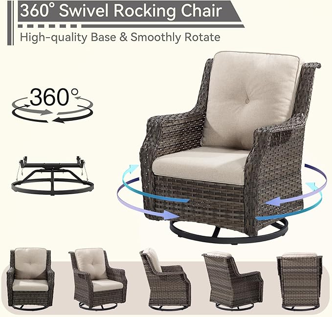 Outdoor Swivel Rocker Patio Chair with Matching Side Table - 360 Degree Patio Swivel Glider Chair with 3.5" Olefin Cushions(Mixed Grey/Beige)