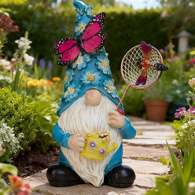 Garden Gnome Statues Outdoor Decor Solar Gnomes with Butterfly on LED Lighted Flowers, Resin Blue Gnomes Sculpture for Patio Yard Lawn Onament Decoration