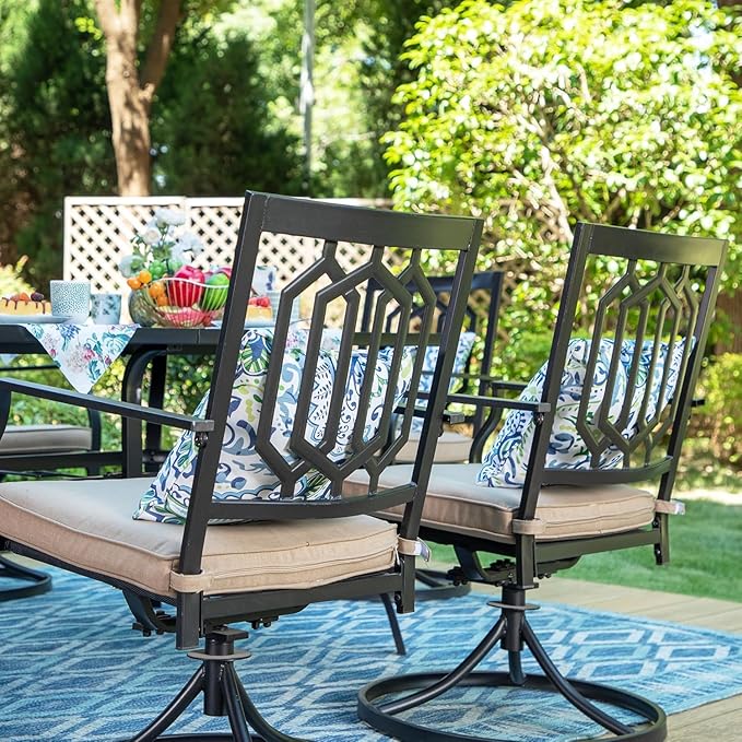 PHI VILLA 9 Piece Outdoor Dining Set for 8, Square Metal Table (60") with Umbrella Hole and Swivel Chairs with Cushions– Perfect for Patio, Garden, Deck, Porch, and Backyard