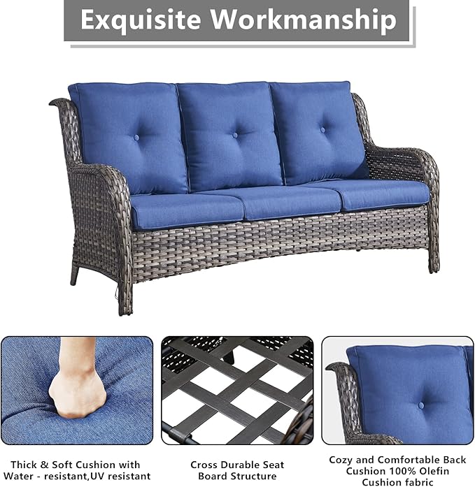 Rilyson 6 Piece Outdoor Patio Furniture Set - Rattan Wicker Patio Conversation Sets with 2 Swivel Rocker Chairs,2 Ottomans,1 Sofa and 1 Coffee Table for Outside Porch Deck Yard (Mixed Grey/Blue)