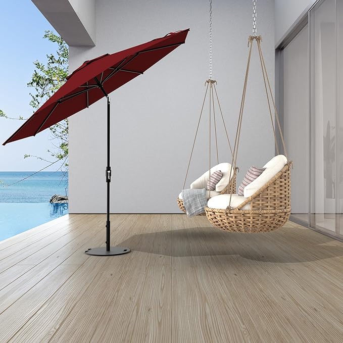 Midtown Umbrellas The Swilt 9 Feet Patio Umbrella in Sunbrella Burgundy Acrylic Fabric - Fiberglass Ribs, Auto-Tilt Aluminum Frame For Backyard, Deck, Garden, Pool - White Pole