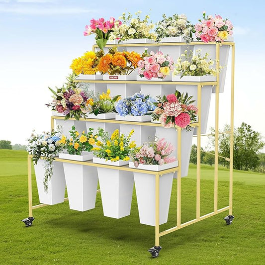 4 Layers Flower Display Stand with Buckets, 16 PCS Buckets Plant Stand with Wheels, Movable Metal Plant Stand for Terrace Garden, Living Room, Florist Shop