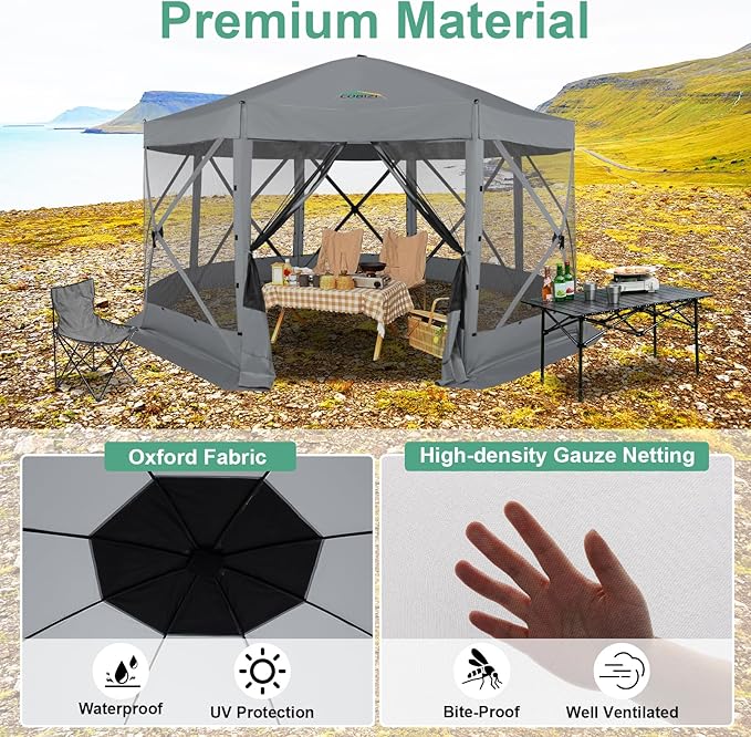 COBIZI 15x15ft Extra Large Pop-Up Gazebo Canopy Tent with Mosquito Netting, Spacious Easy Set-Up Screened Shelter, Durable Outdoor Pavilion with Ground Stakes, Perfect for Patio, Backyard,Gray