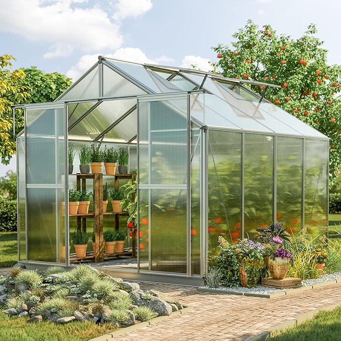 Greenhouse Topas 4 Aluminum Frame 7.4 x 8.5 ft Approx. 6 mm Polycarbonate Panels - with Bonus Base Frame and Automatic Vent Opener