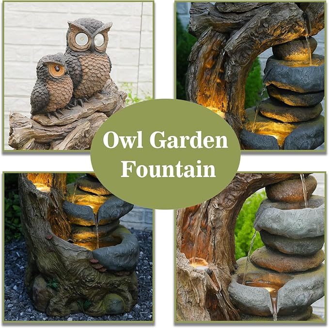 34.3''H Outdoor Water Fountain Owl Tree Stump, 4 - Tier Cascading Waterfall Garden Fountains with LED Lights & Pump Water Feature Resin for Patio, Deck, Yard, Home Decor