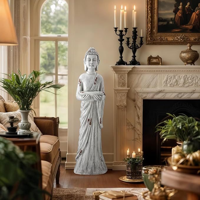 Zen Garden Asian Buddha Statue, 42.1" Large Outdoor Yard Sculpture,Durable Magnesium Oxide Stone Decor for Patio, Yard,Indoor Spaces, Antique White