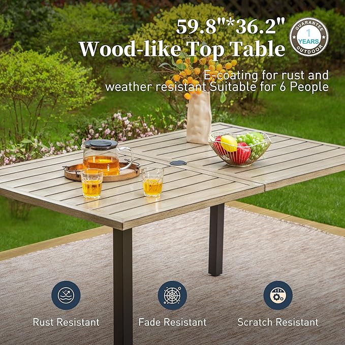 7 Piece Patio Dining Sets for 6, Outdoor Table and Chairs with Cushioned Wicker Swivel Patio Chairs & Wood-Like Dining Table (1.61-2”Umbrella Hole), Outdoor Dining Sets for Backyard