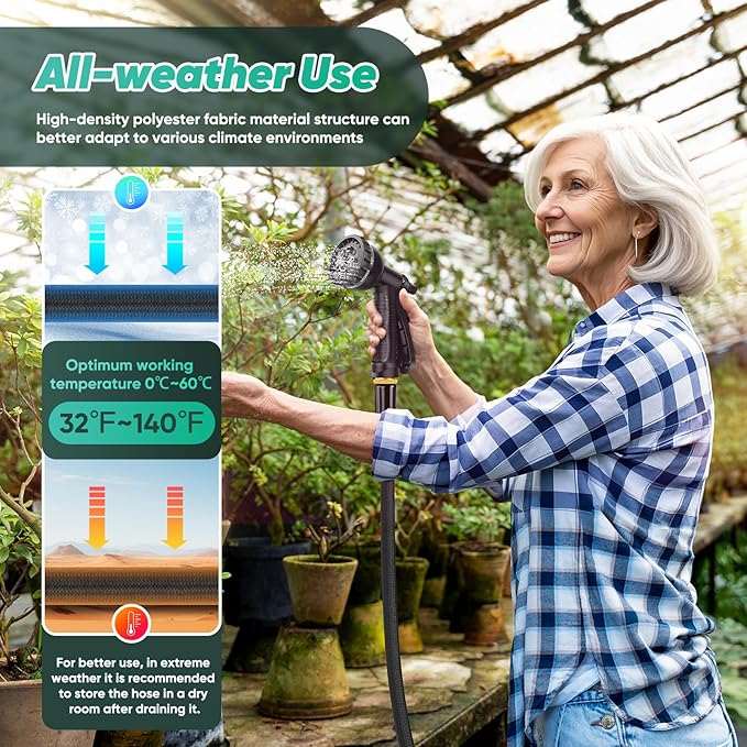Garden Hose Non-Expanding 100ft, Flexible Garden Hose with 10 Function Hose Nozzle, Lightweight, Kink Free and Water Hose for Outdoor,Yard, Lawn, Car Wash, Marine,and Camper Use