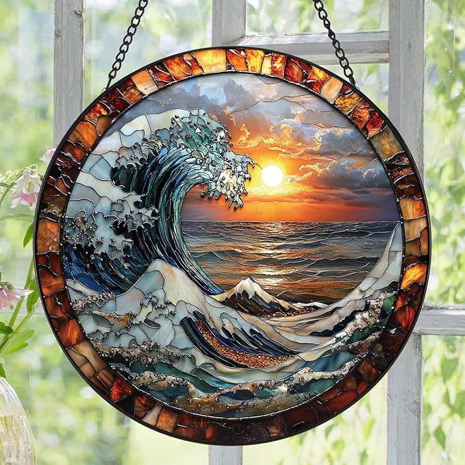 The Ocean Waves and The Sunrise Suncatcher -7.9 in Stained Glass Window Hanging Sun Catcher Garden Decor
