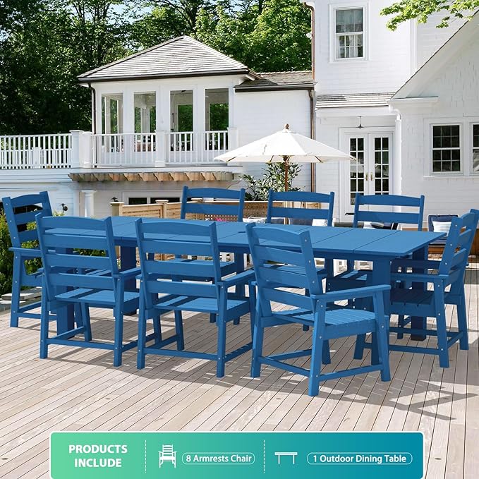 LOUNZY 9 Pieces Patio Dining Sets, 90'' Table Outdoor HDPE Furniture Set w/ 2" Hole Cut-Out Dining Table with 8 Patio Chairs for Lawn, Pool and Yard, Navy