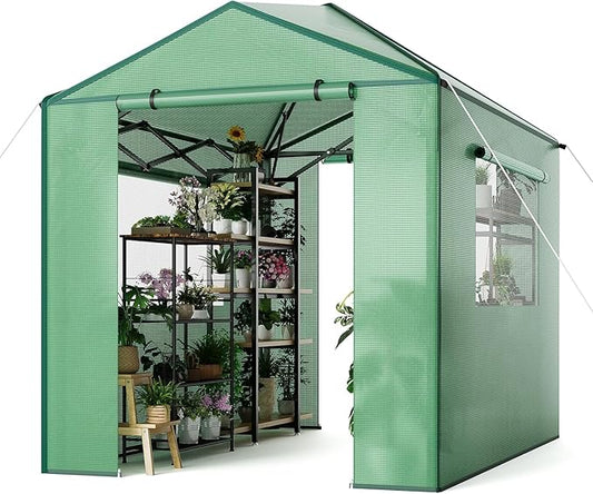 6x8FT Instant Pop-Up Walk-in Greenhouse, Plant Hot House with Galvanized Steel Frame, Green PE Cover, Roll-Up Zipper Door, Portable Large Plant Tent with Ground Pegs & Ropes for Stability
