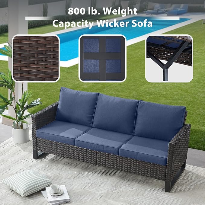 6 Piece Wicker Patio Furniture with Fire Pit Table - Outdoor Conversation Set with 50,000 BTU Fire Pit, All Weather Rattan Patio Set for Deck Backyard Garden - Brown Wicker Blue Cushion