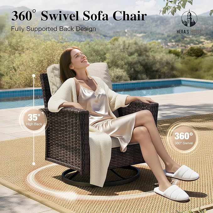 HERA’S HOUSE Wicker Patio Furniture Set, High Back Swivel Chairs with 5.5-Inch Thick Cushions, 6-Piece Outdoor Deep Seating Conversation Sets with Fire Pit Table & Ottomans for Deck Yard Garden, Beige
