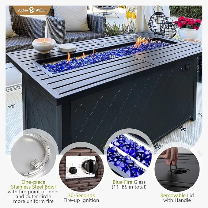 Sophia & William Patio Furniture Set with Fire Pit Table, 8 Piece Outdoor Wicker Furniture Sectional Sofa, Large Patio Rattan Conversation Set with Ottoman & 45" Fire Pit Table(Aqua Blue)
