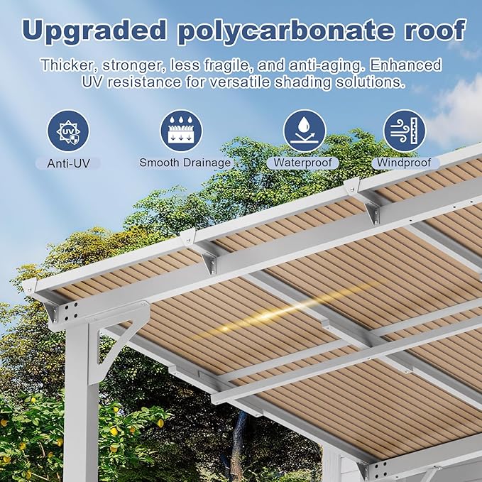 MEISSALIVVE 8' x 8' Wall Mounted Lean to Metal Awnings with Sloped Roof, Outdoor Patio Gazebo Awning for Backyard, Deck, White