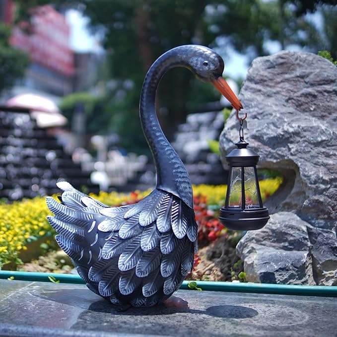 HONGLAND Solar Garden Statue Outdoor Swan Decor Bird Decor Lawn Ornament for Backyard Patio Porch Poolside（Black）