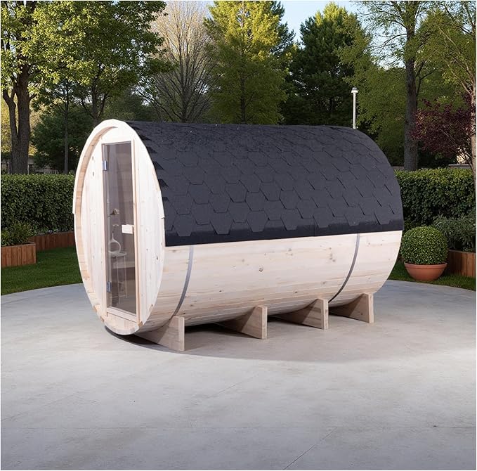 ZONEMEL Outdoor Barrel Steam Sauna, Canadian Pine Wood Sauna Room for 8 Person with 6KW ETL Certified TOULE Heater, Rocks, 8mm Tempered Glass, Waterproof System
