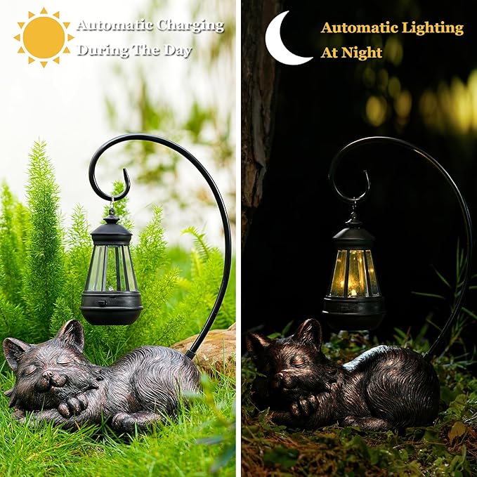 Outdoor Cat Figurine Garden Statue with Solar-Powered LED Light 13.77 Inches Tall, Gift Garden Statue Decor for Cat Lovers