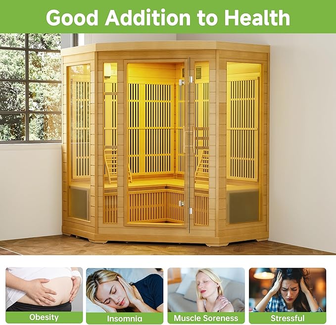Infrared Sauna Room for Home, 4 Person Indoor Home Sauna Spa, Far Infrared Canadian Wooden Corner Saunas with 10 Low Emf Heaters, Bluetooth Speakers, 7 Color Chromotherapy Lights