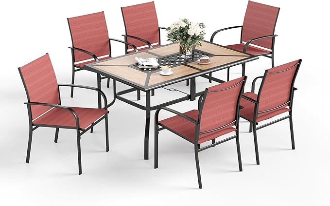 7 Pcs Patio Dining Set for 6, Rectangular Metal Dining Table (PVC Table Top) with Umbrella Hole and 6 Chairs, Outdoor Dining Set for Lawn Garden Deck, Red