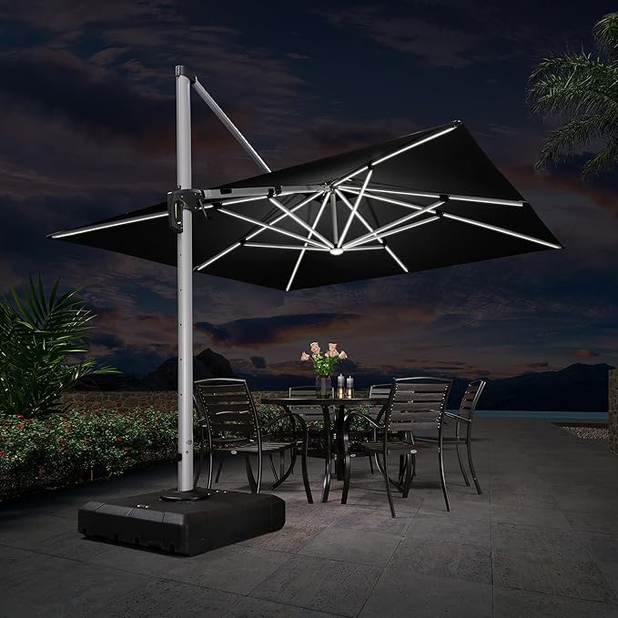 PURPLE LEAF 11 Feet Double Top Deluxe Solar Powered LED Square Patio Umbrella Offset Hanging Umbrella Outdoor Market Umbrella Garden Umbrella, Black
